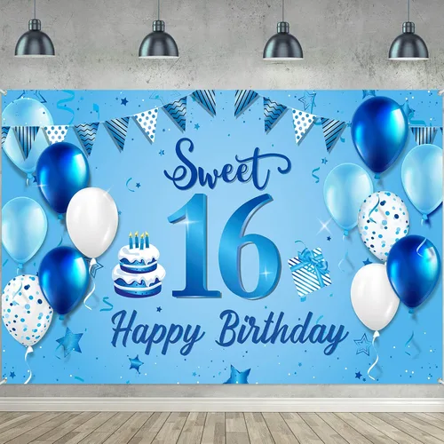 Vista 8 de Cartel de fondo de feliz primer cumpleaños azul para recién nacidos, fondo de fotografía para primer cumpleaños, suministros de decoración de fiesta