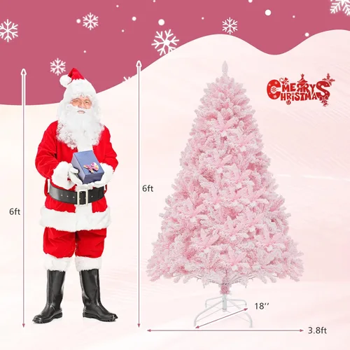 Vista 7 de Goplus Árbol de Navidad artificial preiluminado rosa de 6 pies, árbol de Navidad artificial con bisagras con nieve artificial con 808 puntas