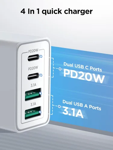 Vista 3 de [Paquete de 2] Bloque de cargador de pared USB C, 40 W, 4 puertos, cargador USB C súper rápido, adaptador de corriente PD de doble puerto, enchufe