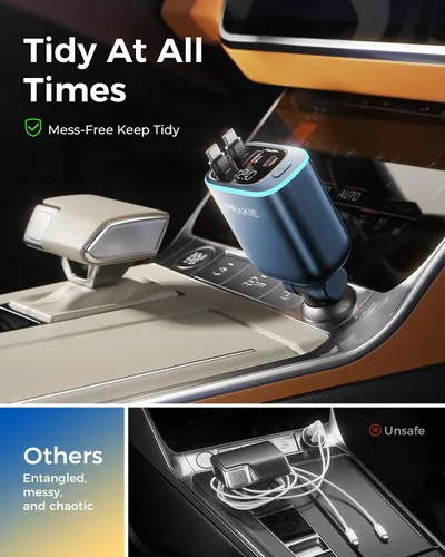 Vista 2 de Cargador de Coche, Cable USB C para iPhone Retráctil Cargador de Teléfono USB C Rápido, Adaptador de Encendedor de Cigarrillos con 2 Cables USBC