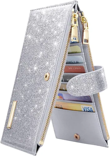Vista 22 de Billetera de mujer con bloqueo RFID de gran capacidad, organizador multitarjetas, billetera plegable para mujer con bolsillo con cremallera