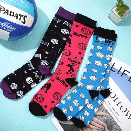 Vista 4 de Vicenpal 3 pares de calcetines altos de voleibol para mujer, novedosos calcetines deportivos divertidos hasta la rodilla, regalos para amantes