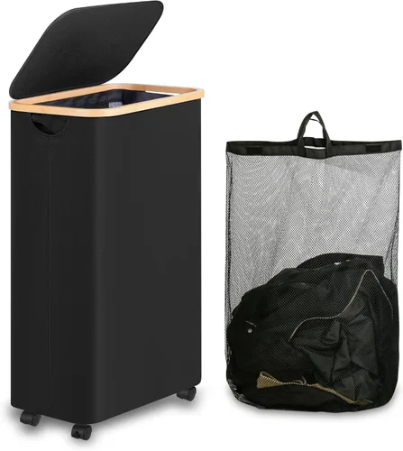 Vista 14 de iEGrow - Cesta de lavandería delgada de 65L, cesta de lavandería estrecha con tapa, cesta de ropa plegable con asas de bambú, cesta de lavandería