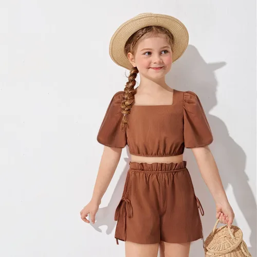 Vista 4 de BAVADER Conjunto de ropa para niña, 2 piezas, con cuello cuadrado, manga abombada, pantalones cortos con bolsillo con cordón para verano