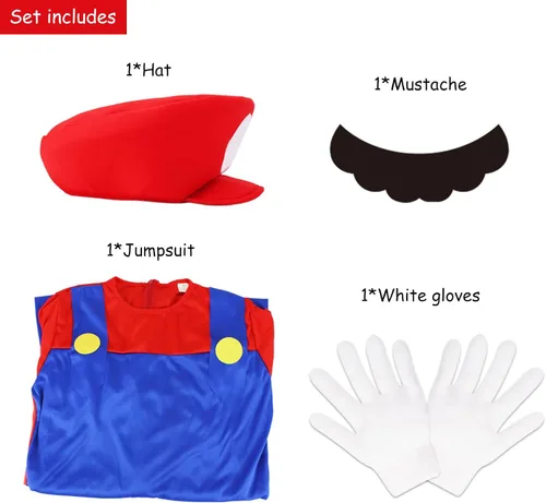 Vista 2 de Mario Costume for Adults Men-Halloween Costume Cosplay Jumpsuit with Accessory