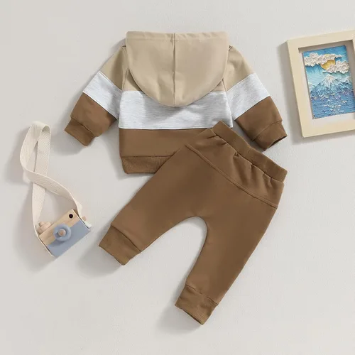 Vista 4 de Ursobutegl Ropa para bebé niño pequeño, sudadera con capucha y bloques de color, 2 piezas, sudadera para otoño e invierno