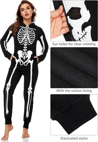Vista 3 de URATOT Disfraz de esqueleto para mujer que brilla en la oscuridad para Halloween