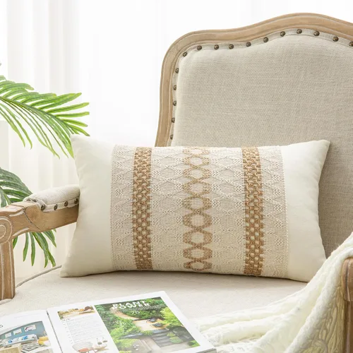 Vista 17 de 1 funda de almohada para sala de estar, algodón y arpillera, estilo bohemio decorativo para el hogar (beige y azul, 16 x 16 pulgadas)