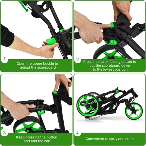 Vista 5 de GYMAX Carrito de golf plegable con rueda delantera giratoria, carrito de golf ajustable de 3 ruedas, carrito de golf compacto fácil de plegar