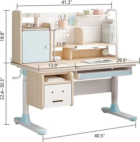 Vista 10 de FCD Mesa de estudio ergonómica de madera de altura ajustable para niños, mesa de redacción para computadora, estantería incorporada, multifunción