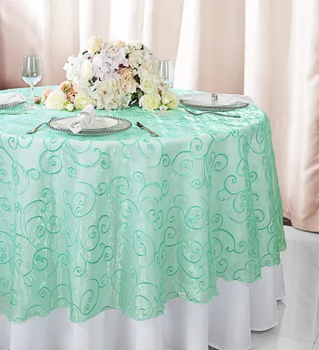 Vista 12 de Manteles de organza bordados redondos de 90 pulgadas, manteles de organza para bodas, fiestas, banquetes, eventos, color verde manzana