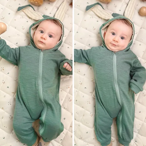 Vista 43 de Simplee Kids Enterizo con diseño de conejo de Pascua con capucha, para bebé, overol con cremallera y orejas largas