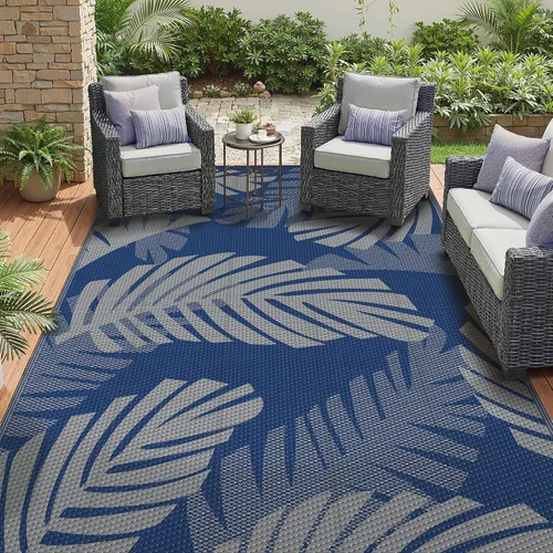 Vista 65 de GENIMO - Alfombra para exteriores de 6 x 9 pies, para patio, espacios amplios, reversible, de pajillas de plástico, alfombra impermeable para Azul