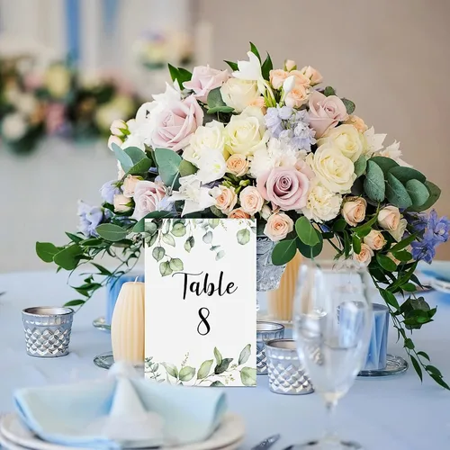 Vista 6 de Zonon 26 Piezas Tarjetas de Números de Mesa de Boda 1-25 con Números de Mesa Principal Tarjetas de Doble Cara de Follaje de Eucalipto Centros