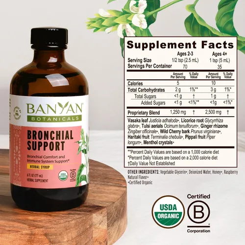 Vista 5 de Banyan Botanicals Jarabe orgánico de apoyo bronquial – Soporte para el pecho y los pulmones para niños – Jarabe calmante para la tos y garganta