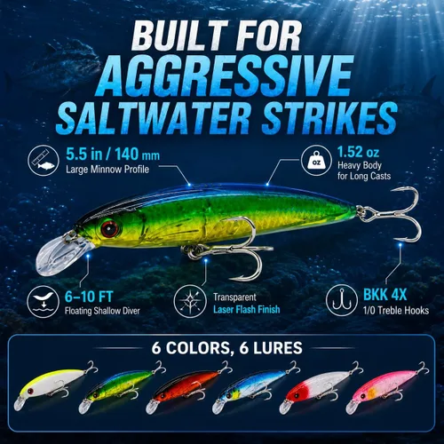 Vista 4 de Trolling Minnow Lure, 5.5in 1.5oz Floating Diving Hard Bait, 6-10ft ABS Laser Reflective Crankbait with BKK 4X 1/0 Treble Hooks, 1 Pack, for
