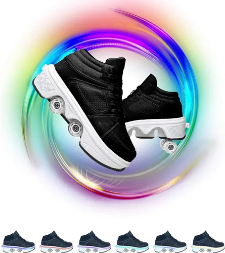 Vista 29 de Zapatos de patinaje convertibles para hombres y mujeres, zapatos de paseo automáticos para niños y adultos, patines con doble fila de ruedas, ruedas