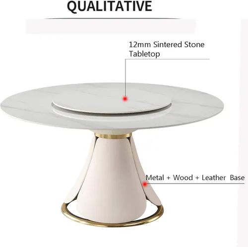 Vista 4 de Mesa de comedor redonda moderna de 59 pulgadas con suspensión perezosa desmontable de 31.5 pulgadas, mesa de comedor de mármol de piedra sinterizada