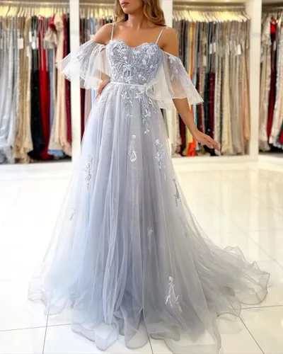 Vista 4 de pfectdy Vestidos de fiesta de tul con tirantes delgados, apliques de encaje, vestidos de baile con manga hinchada para mujer, vestidos de fiesta