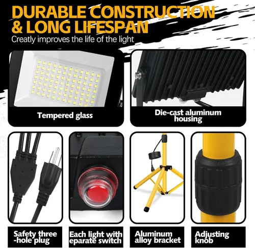Vista 4 de Luces de trabajo con soporte, 21000 lúmenes, 2 cabezales ajustables, luces de trabajo LED, con soporte de trípode ajustable y plegable, lámpara