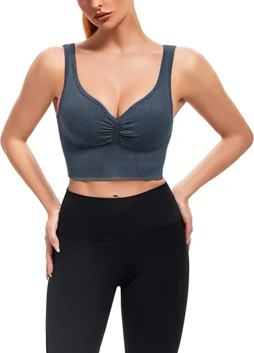 Vista 3 de BAYDI Sujetador deportivo sin costuras para mujer, camiseta corta acanalada de alto impacto con almohadillas extraíbles para yoga, gimnasio