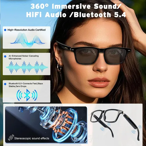 Vista 5 de Gafas inteligentes de traducción AI con Chat GPT, Bluetooth 5.3 para hombres y mujeres con 150 idiomas y acentos, IP67, lentes de cambio