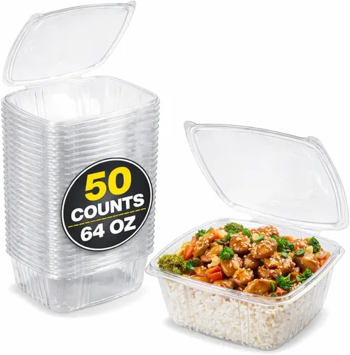 Vista 10 de Contenedores de delicatessen con tapas con bisagras, plástico PET, transparente, 24 onzas, 50 unidades, concha, rectangular, almacenamiento