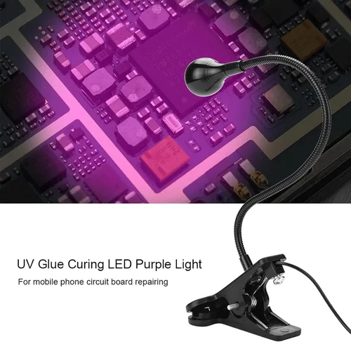 Vista 6 de Lámpara de curado de pegamento USB 3W, luz LED de calidad premium USB con clip e interruptor para reparación de teléfonos