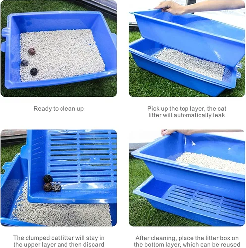 Vista 4 de Caja de arena para gatos con 3 bandejas de tamizar, autolimpiante, reutilizable, sin cucharada, fácil de limpiar para gatos