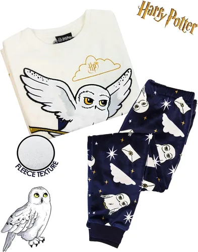 Vista 4 de Harry Potter Pijama Hedwig de manga larga y pantalones de forro polar para niñas, Marfil