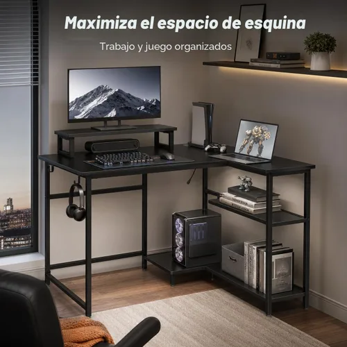 Vista 6 de DEVAISE Escritorio para juegos en forma de L de 47 pulgadas con luces LED y tomas de corriente, escritorio de esquina para espacios pequeños, mesa