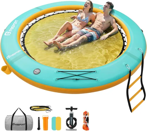 Vista 13 de FBSPORT Hamaca inflable de agua redonda flotante, 10/8/6 pies, plataforma flotante para lago con portavasos, flotador solar, balsa fría, anillo