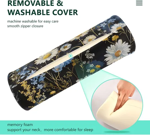 Vista 4 de Blue White Flowers Neck Pillow for Sleeping, Cervical Roll Memory Foam Pillows for Neck Pain Relief, Neck Support Round Pillows with Washable Cover