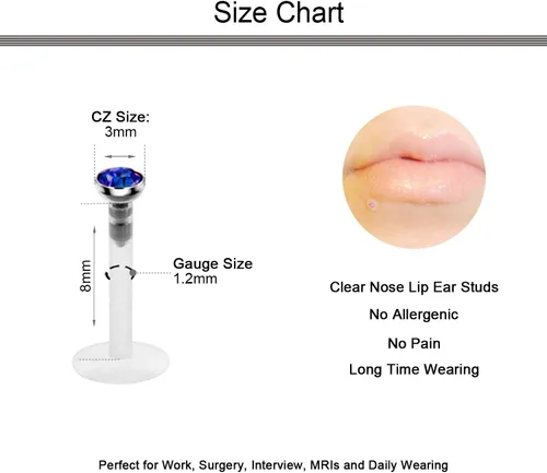 Vista 2 de D.Bella Aretes transparentes de 0.71 oz y 0.56 oz para nariz, cartílago, plástico invisible, tragus, labret, hélice, piercing retenedor