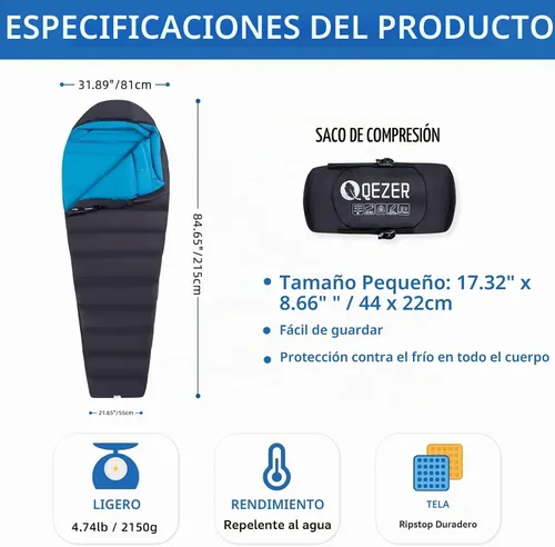 Vista 2 de Down Mummy Sleeping Bag for Adults, 600 Fill Power Backpacking