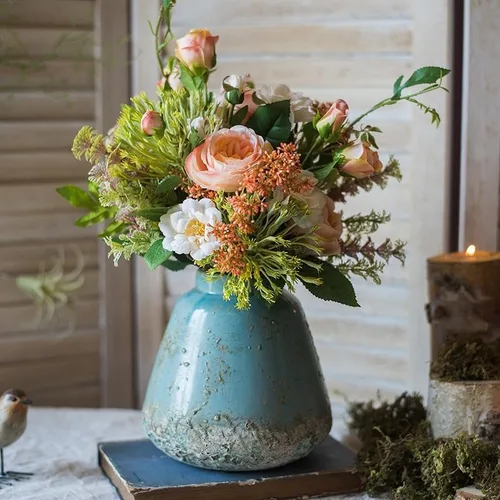 Vista 4 de Jarrones de cerámica turquesa de alcance rústico para oficina, cocina y decoración del hogar Florero bohemio moderno Jarrones decorativos