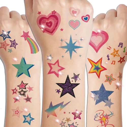 Vista 3 de CHARLENT Tatuajes temporales de estrellas con purpurina para niños, 74 hojas individuales, impermeables y fáciles de despegar, perfectos