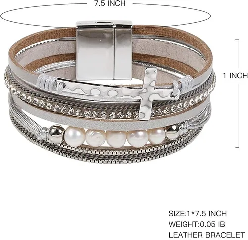 Vista 4 de Vercret - Pulsera de cuero para mujer, pulsera para niña de varias capas, ideal como regalo para mujer, hermana mayor, mamá, etc.