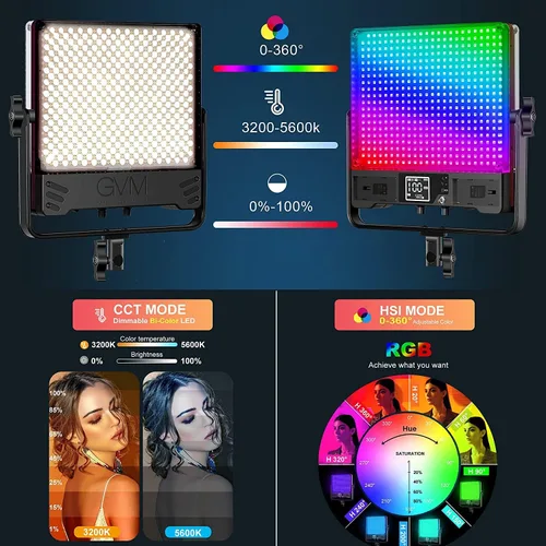 Vista 5 de GVM - Luz de video LED de 50 W con softboxes, RGB+bicolor de doble cara, cada lado 50 W, kit de iluminación de video con control Bluetooth, luces