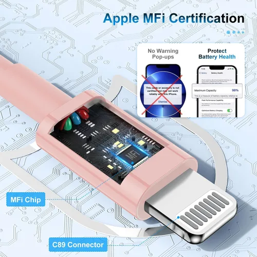 Vista 2 de Paquete de 3 cables de carga de 3 pies con certificación MFi de Apple, cable Lightning a USB de 3 pies, carga rápida de 2.4 A, cargadores