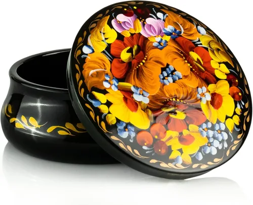 Vista 2 de UA Creations - Joyero redondo pequeño con flores sobre laca negra diseño floral