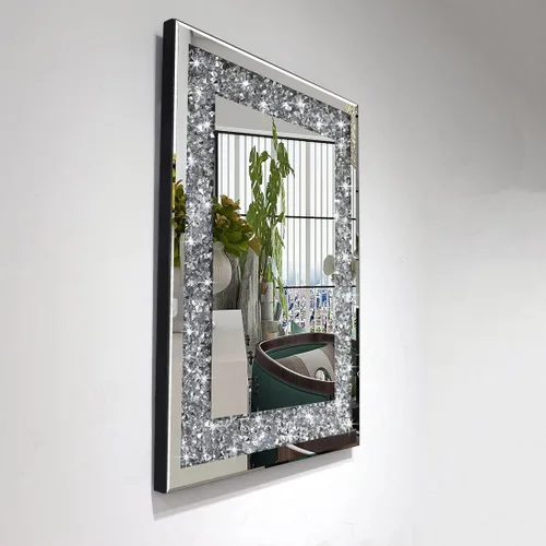 Vista 3 de QMDECOR Espejo de Pared Decorativo Rectangular Brillante para Decoración del Hogar con Decoración de Diamante Crush de Cristal Plateado