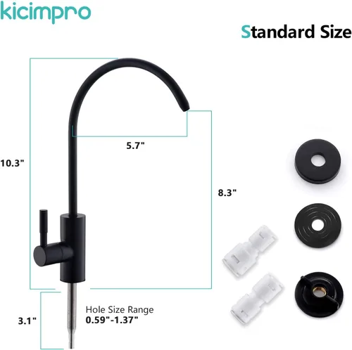 Vista 5 de Grifo de cocina Kicimpro de acero inoxidable con acabado negro mate RO, grifo de filtro de agua para fregadero de 0.59-1.37 pulgadas, grifo