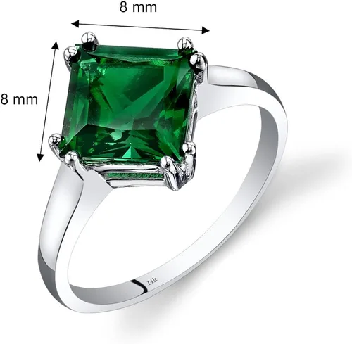 Vista 3 de Peora Anillo solitario clásico de esmeralda creado para mujer en oro blanco de 14 quilates, corte princesa de 2 quilates de 0.315in, ajuste cómodo