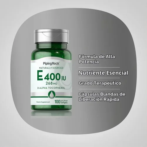 Vista 4 de Piping Rock Vitamina E 400 UI cápsulas de cápsulas blandas 268mg 100 pastillas D-Alpha Tocoferol Suplemento sin OMG, sin gluten