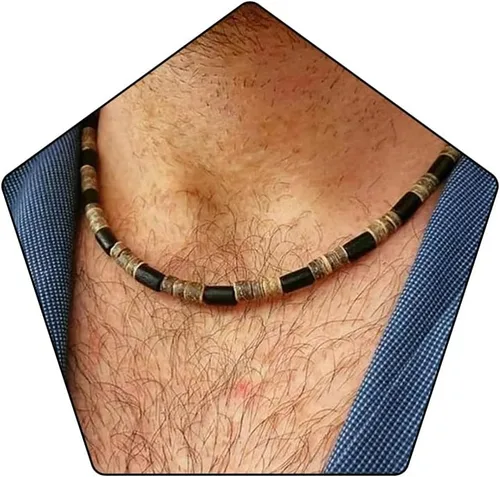 Vista 14 de Collar de capas de conchas Puka para hombres con cuentas de madera de coco marrón, collar bohemio de verano para hombres, collar de playa