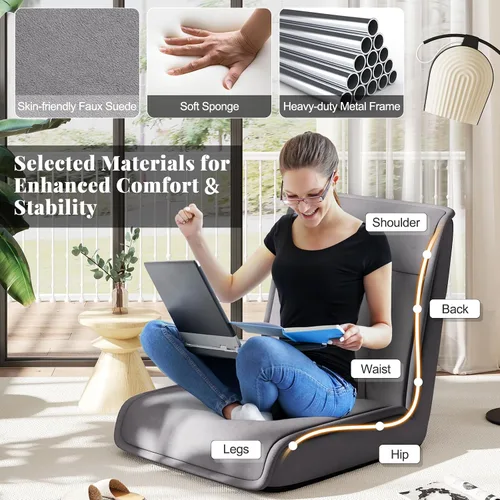 Vista 8 de COSTWAY Silla plegable de suelo, sofá convertible con respaldo ajustable de 14 posiciones, reposacabezas ajustable de 5 posiciones, silla acolchada