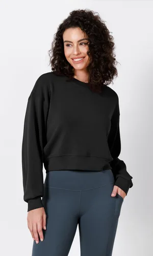 Vista 4 de ODODOS Sudaderas cortas de manga larga suaves de modal para mujer, de gran tamaño, cuello redondo