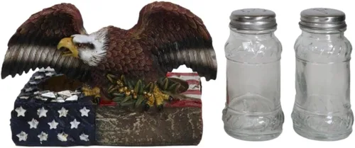 Vista 3 de Ebros Gift Águila calva patriótica americana con rama de olivo posada en base de la bandera de Estados Unidos soporte decorativo de sal y pimentero
