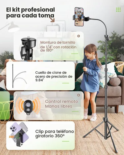 Vista 3 de CAMBOFOTO - Trípode de 82 pulgadas de alto para iPhone con cuello de cisne y control remoto, soporte
